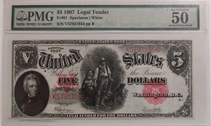 1907 Large $5 Wood Chopper Horseblanket Legal Tender FR#91 Graded PMG AU 50 EPQ - Picture 1 of 2