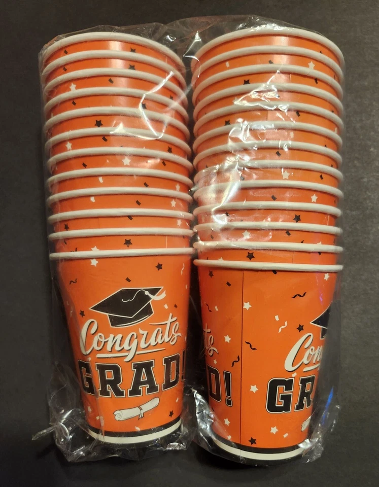 GRATIS Naranja 25 Tazas Felicidades Graduación Fiesta Papel 2024 o Cualquier Año NUEVO EE. UU. Foto 1 de 1