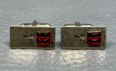 Vintage Red Lucite Yellow Gold Plated Cuff Links - Image 1 of 3
