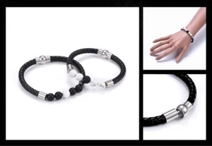 Set Partner 2 Bracelet Leather Stainless Steel Howlite Agate Magnetic - Picture 1 of 2