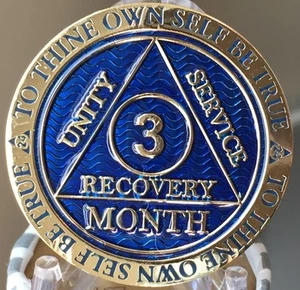 Moneda 3 Meses AA Medallón Reflex Chapada en Oro Azul 90 Días Sobriedad Chip - Imagen 1 de 8