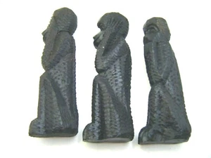 Drei weise Affen 3 x antike Vintage geschnitzte Holzstatuen Ebenholz ebonisiert - Bild 1 von 7