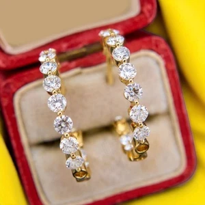 Yellow Gold Women Earring 14k  Hoop Lab Grown 2.00 Carat Round Cut Diamond 22 MM - Picture 1 of 13