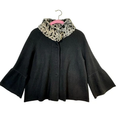 INC Fur Trimmed Collar Snap Front Black Sweater 3/4 Bell Sleeves Size X-Large XL - Image 1 of 4