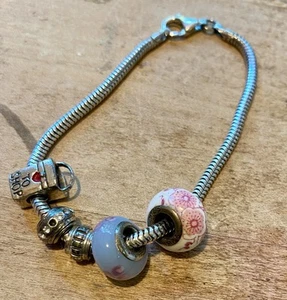 European 925 Bracelet w/Charms 7” , Sterling Silver & Silver Tone Charms Pinks - Picture 1 of 10
