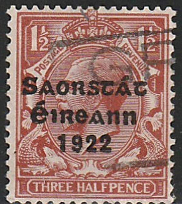 IRELAND, Scott #61: 1 1/2d, б/у, 1923 Harrison катушка надпечатка в сине-черный - Изображение 1 из 1