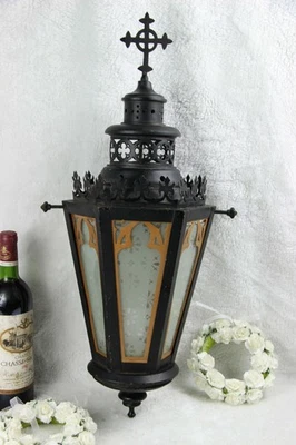 Linterna de iglesia gótica religiosa metal claro cruz negra vidrio candelabro Foto 1 de 4