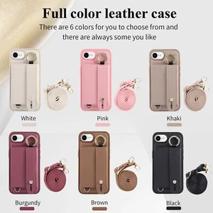 For iPhone 16e 16 Pro Max 15 14 13 12 11 PU Crossbody Wallet Case Wrist Strap - Picture 1 of 69
