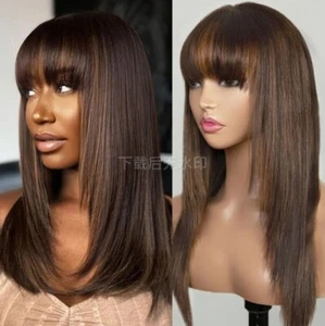  Human Hair Wig With Bangs Brazilian Highlight Brown Wig None Lace - Picture 1 of 4