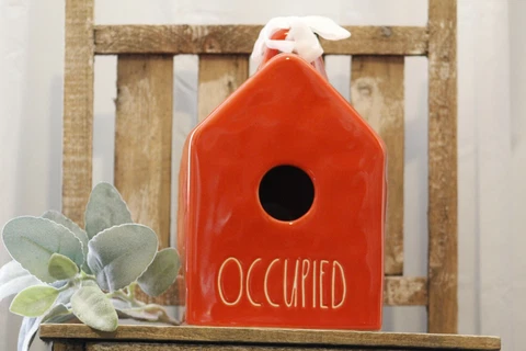 Rae Dunn ORANGE OCCUPIED Square Birdhouse Spring Artisan Collection Magenta Cover