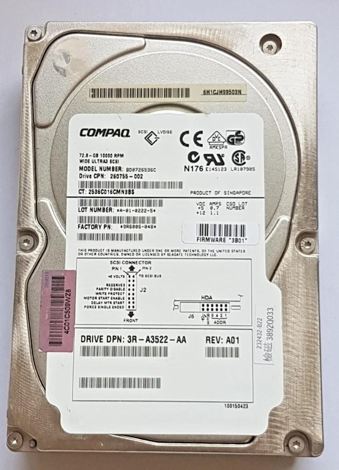 72.8 GB Compaq BD0726536C 10000 RPM Wide Ultra3 SCSI 80Pin HDD 3.5" Hard Drive - Image 1 of 1