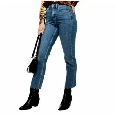 TOPSHOP Jeans High Rise Raw Hem Cropped Straight Leg Blue Denim SZ 28 NEW - Image 1 of 3