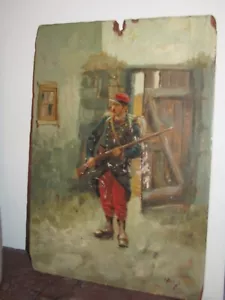 Original 1800s French Soldier Oil Painting on chamfered wood panel Signed - Picture 1 of 10
