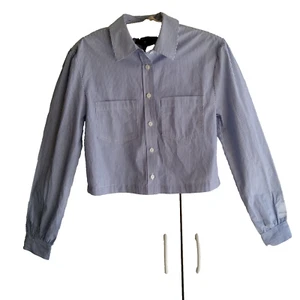 NWT "7 For All Mankind" Navy Pinstripe Long Sleeve CROP Blouse XS - Picture 1 of 12