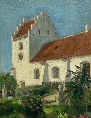 Oil 1889 Blooming Roses At Cemetery With Church IN The Sunlight 27,8 X 21,6 CM - image 1 of 4