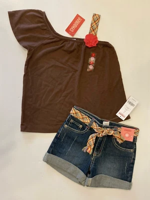 NWT Gymboree Glamour Safari Sz 6 Corsage 1-Shoulder Top Belted Denim Jean Shorts - Image 1 of 2