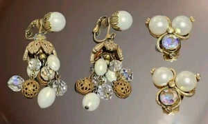 2 paia orecchini pendenti a clip vintage AB strass e perle finte - Foto 1 di 11