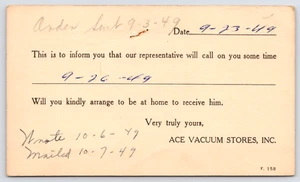 Minneapolis MN~Ace Vacuum Stores~Rep Calls on Mrs Coffey, Hackensack MN 1949 PC - Picture 1 of 2