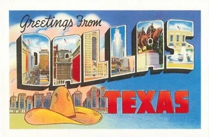 Dallas Texas Greetings BIG LETTER Cowboy Hat TX Reproduction Postcard - Picture 1 of 2
