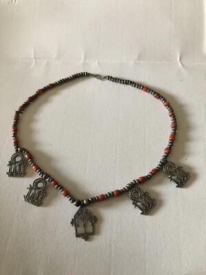 Vintage Silver & Coral Moroccan Necklace From Tiznit  + Architectural Pendants - Image 1 of 4