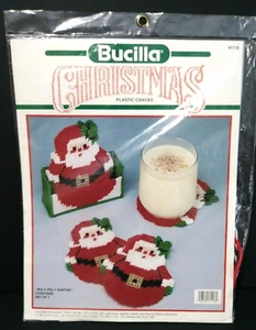 Bucilla Christmas Roly Poly Santa Coasters Set Of 7 and Holder Kit 61118 1990  - Picture 1 of 7