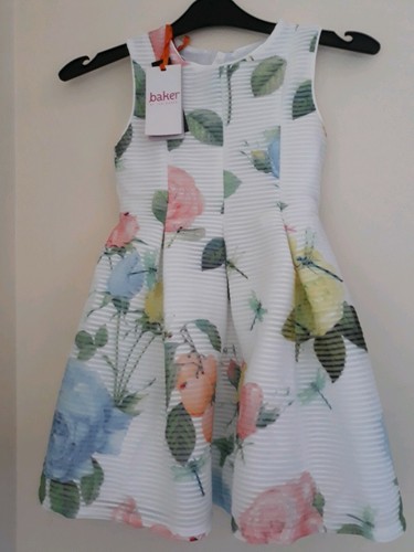 OFF WHITE Ted Baker Abito da bambina bianco sporco stampa rosa età 4 5 UK.