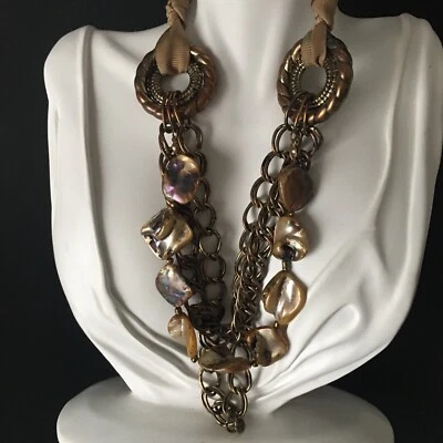 Ali Khan Signed Layered MOP Stone Necklace Brass Tone Ribbon Tie *Some Tarnish* - Image 1 of 4