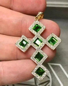 2.30Ct Princess Lab-Created Green Emerald Cross Pendant 14k Yellow Gold Over - Picture 1 of 3