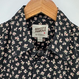 Naked & Famous Mens Floral Print Short Sleeve Shirt Black Made in Canada Small - Picture 1 of 6