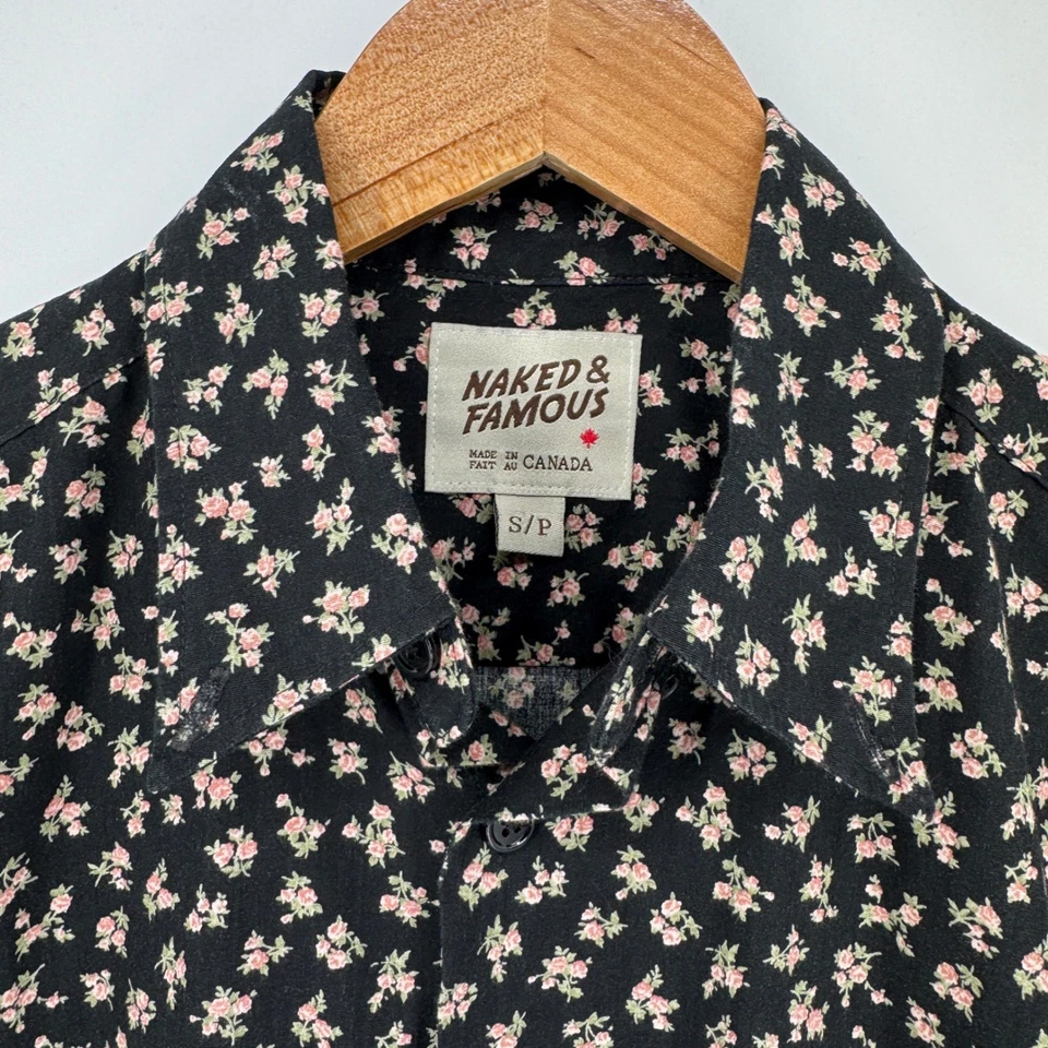 Naked & Famous Mens Floral Print Short Sleeve Shirt Black Made in Canada Small - Image 1 of 4