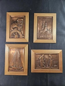 Set Of 4 Vintage A. Nadeau Copper Embossed Framed Art Farmers Sea Captain Ship - Picture 1 of 13
