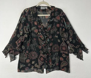 Chico’s Design Womens Blouse Silk Sheer Ruffle Art Flore Animal Size 3 - Picture 1 of 13