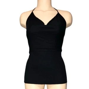 Schwarz Halo schwarz matt Jersey Neckholder Top drapiert vorne zum Binden Größe XS hergestellt in den USA! - Bild 1 von 4