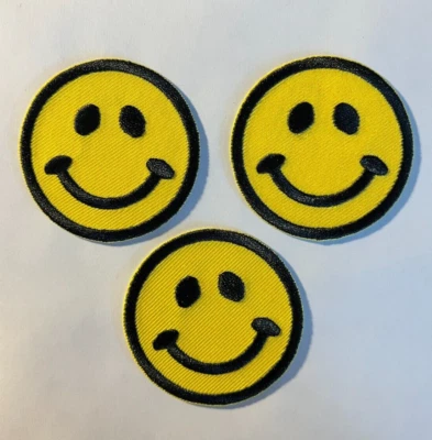 smile face patch smiley face embroidered applique iron-on patch 2" dia. 3 pieces - Image 1 of 4