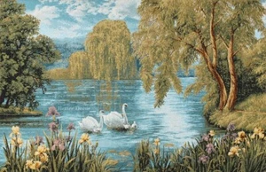 27" WALL JAC. WOVEN TAPESTRY Swan Family LAKE VIEW - IRIS FLOWERS & WILLOW TREES - Picture 1 of 2