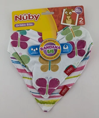 Nuby Bandana Dribble Bibs 2 Pack 0m+ Butterflies Stripes Pink Green Baby NEW - image 1 of 4