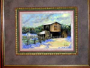 Bluebonnet Landscape Stormy clouds Barn Cactus Fence Birds in Sky Matted Framed - Picture 1 of 11