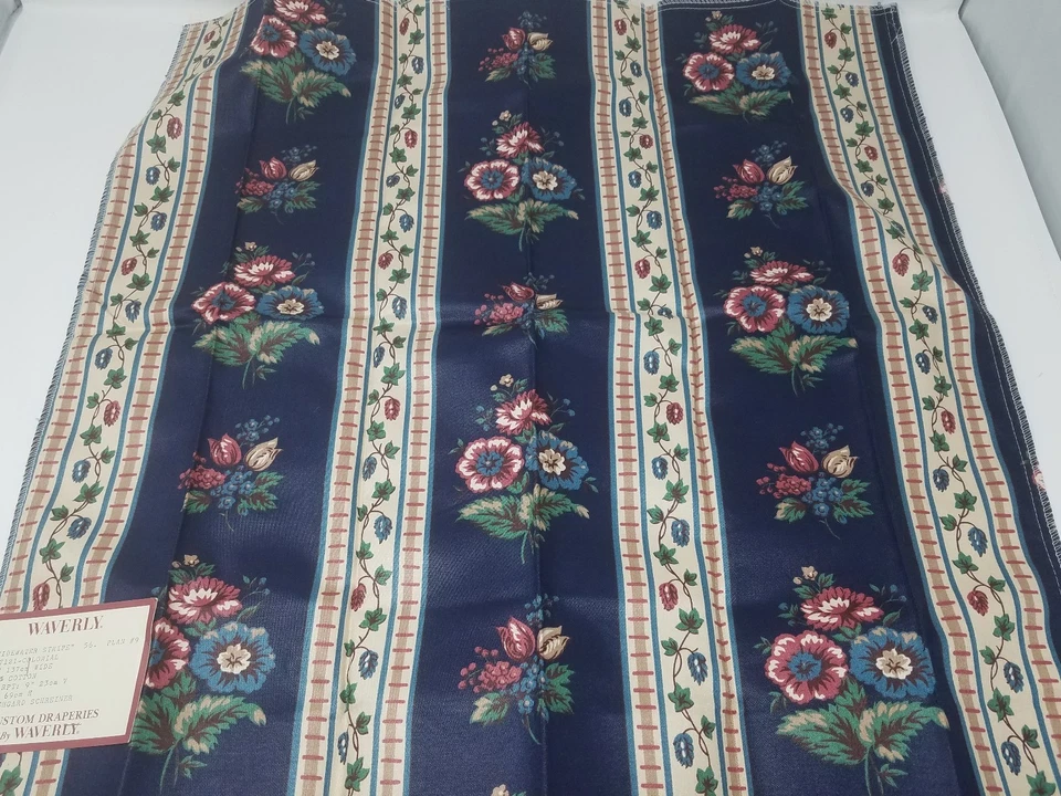 Waverly Tidewater Stripe Cotton Scotchguard Fabric Material Flowers Roses  - Image 1 of 1