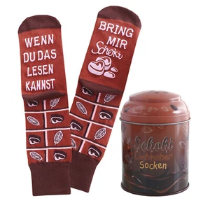 Schoki Socken in Dose mit rutschfestem Spruch, Bring Mir Schoki, Braun, 37-43 - Bild 1 von 7