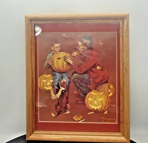 Norman Rockwell Kürbis Schnitzerei Druck in Eichenrahmen MCM Herbst Ernte Dekor 11x9" - Bild 1 von 10