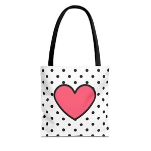 Weiße & schwarze Tupfen & rosa Herz Beuteltasche, umweltfreundlich, tolles Geschenk - Bild 1 von 13