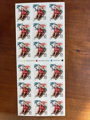 1995 Christmas snow sledding 3013a MINT ATM pane of 18 plate no. V1111 MINT32¢ - Image 1 of 2