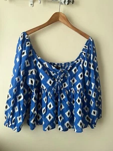 New Look Top Size 12 Blue Printed Short Sleeve Fit Flare Blouse Party Summer - Picture 1 of 8