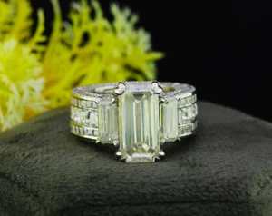Art Deco Emerald Cut Cluster Moissanite Engagement Ring Anniversary Promise Ring - Picture 1 of 6