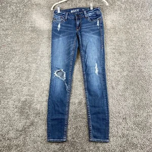 Pantalones de mezclilla para mujer Roxy Xtreme ajustados 3 azules tiro ultra bajo bigote desgastados - Imagen 1 de 10