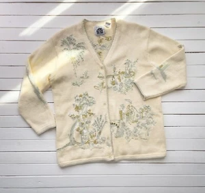 vtg Storybook Knits embroidered toile chinoiserie pastel yellow cardigan sweater - Picture 1 of 4