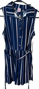 Navy Blue & White Striped Romper With Lace Back Detail & Tie Belt Size Small - Picture 1 of 4