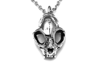 Handmade Cat Skull Pendant Necklace in Pewter, Animal Skull Jewelry - Image 1 of 4