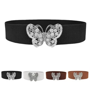 Women Silver Metal Butterfly Buckle Crystals Rhinestones Belt Elastic Waistband - Picture 1 of 6