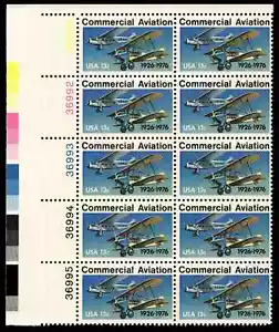 US Scott # 1684, Commercial Aviation, Plate Block of (10) 1976 13¢ Stamps, MNH - Picture 1 of 1